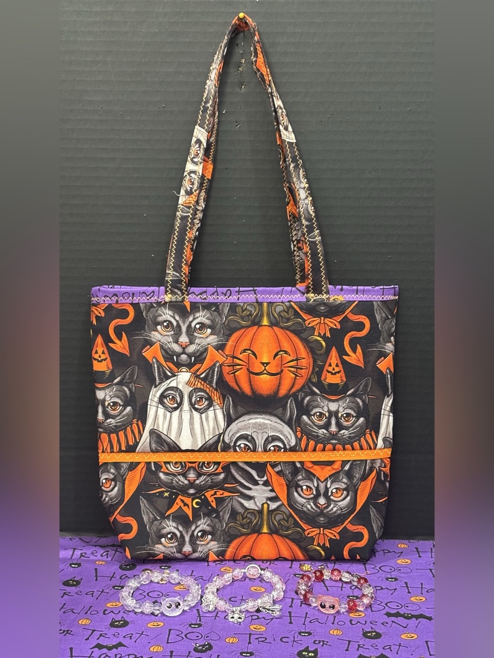 Happy Halloween Dressed up Cat Pumpkin small Tote Bag W/3pc bracelet set